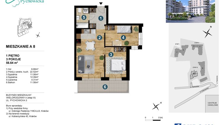 Rzut - Mieszkanie na sprzedaż 3 pokoje o powierzchni 56,64 m² - numer A.8 w Kapelanka-Pychowicka Etap III