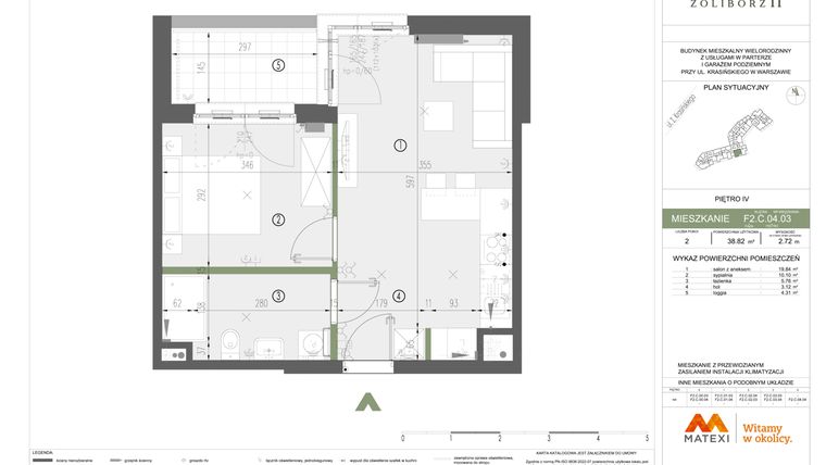 Rzut - Mieszkanie na sprzedaż 2 pokoje o powierzchni 38,82 m² - numer F2.C.04.03 w Sady Żoliborz II