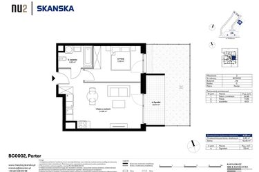Rzut - Mieszkanie na sprzedaż 2 pokoje o powierzchni 41,55 m² - numer BC0002 w NU2 Warszawa Wola