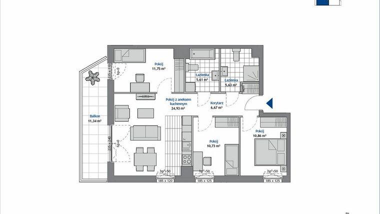 Rzut - Mieszkanie na sprzedaż 4 pokoje o powierzchni 76,18 m² - numer 2.3 w SEAHall