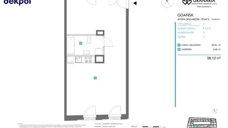 Rzut - Mieszkanie na sprzedaż 1 pokój o powierzchni 58,12 m² - numer 5.3.213 w Granaria