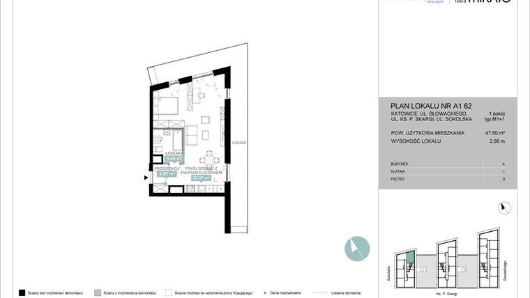 Rzut - Mieszkanie na sprzedaż 1 pokój o powierzchni 47,54 m² - numer A1 62 w Mikato