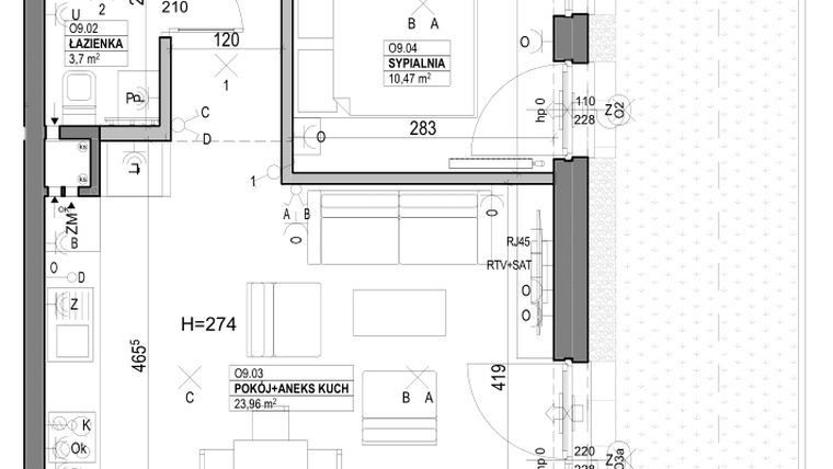 Rzut - Mieszkanie na sprzedaż 2 pokoje o powierzchni 49,54 m² - numer O9 w Miasto Ogród 6 - OSLO i SZTOKHOLM