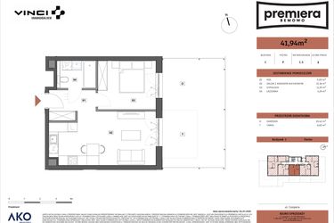 Rzut - Mieszkanie na sprzedaż 2 pokoje o powierzchni 41,94 m² - numer C.03 w Premiera Bemowo
