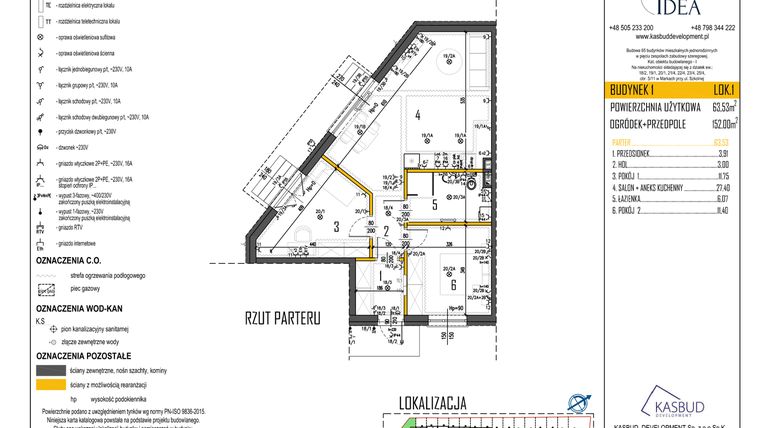Rzut - Mieszkanie na sprzedaż 3 pokoje o powierzchni 63,53 m² - numer 1-L1 w Osiedle Idea etap I