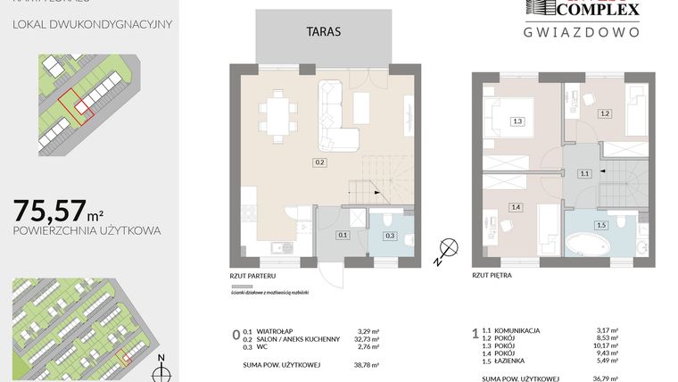 Rzut - Dom na sprzedaż 4 pokoje o powierzchni 75,57 m² - numer F13.1 w Osiedle Gwiazdowo etap 12