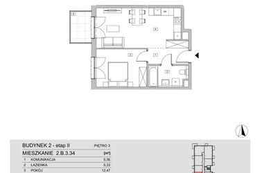 Rzut - Mieszkanie na sprzedaż 2 pokoje o powierzchni 44,58 m² - numer 2.B.3.34 w ATAL Apollina II