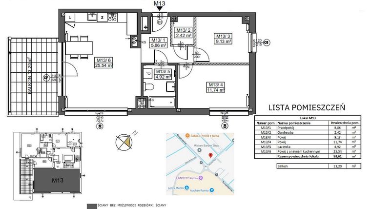 Rzut - Mieszkanie na sprzedaż 3 pokoje o powierzchni 59,61 m² - numer M13 w Jeziorna 1