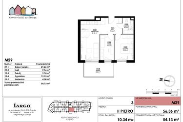 Rzut - Mieszkanie na sprzedaż 3 pokoje o powierzchni 54,13 m² - numer M29 w Kamieniczki za Strugą