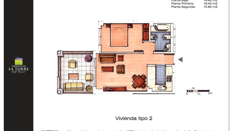 Rzut - Mieszkanie na sprzedaż 1 pokój o powierzchni 44 m² - numer 2 w Las Terrazas de la Torre