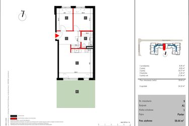 Rzut - Mieszkanie na sprzedaż 3 pokoje o powierzchni 59,44 m² - numer 9 w Mochtyńska 56