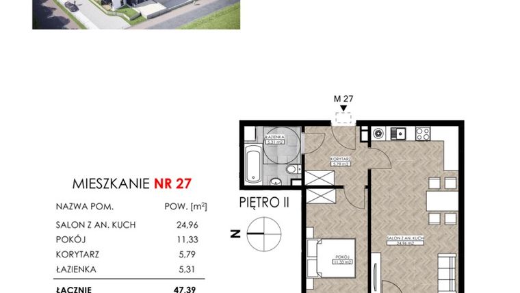Rzut - Mieszkanie na sprzedaż 2 pokoje o powierzchni 47,39 m² - numer 27 w Zielone Stawki