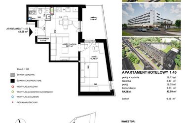 Rzut - Mieszkanie na sprzedaż 2 pokoje o powierzchni 42,4 m² - numer 1.45 w Apartamentowiec Zwycięska 3 - inwestycyjne