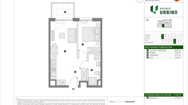 Rzut - Mieszkanie na sprzedaż 2 pokoje o powierzchni 37,88 m² - numer C46 w Osiedle Urbino etap 4.2
