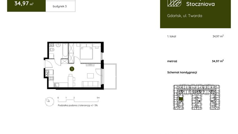 Rzut - Mieszkanie na sprzedaż 1 pokój o powierzchni 34,97 m² - numer 3.A.1.08 w Murapol Stoczniova