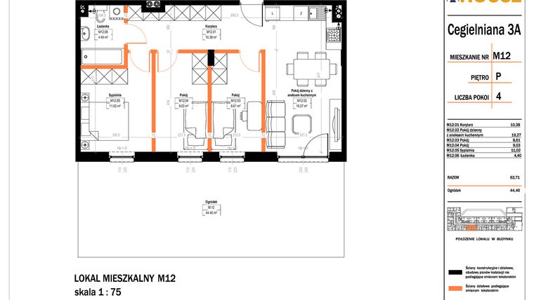 Rzut - Mieszkanie na sprzedaż 4 pokoje o powierzchni 62,71 m² - numer 12 w Osiedle StaLove etap II