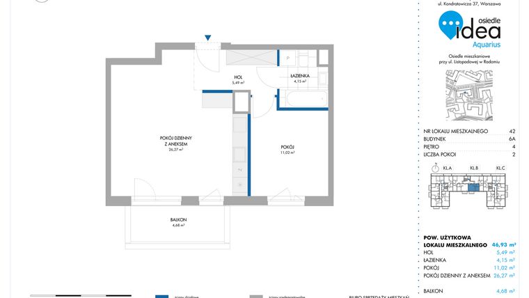 Rzut - Mieszkanie na sprzedaż 2 pokoje o powierzchni 46,93 m² - numer 6A/42 w Osiedle Idea Aquarius