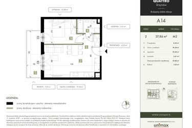 Rzut - Mieszkanie na sprzedaż 2 pokoje o powierzchni 37,86 m² - numer A14 w Quattro Ursynów