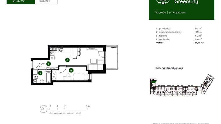 Rzut - Mieszkanie na sprzedaż 1 pokój o powierzchni 34,66 m² - numer 1.A.3.10 w Murapol GreenCity bud. 1