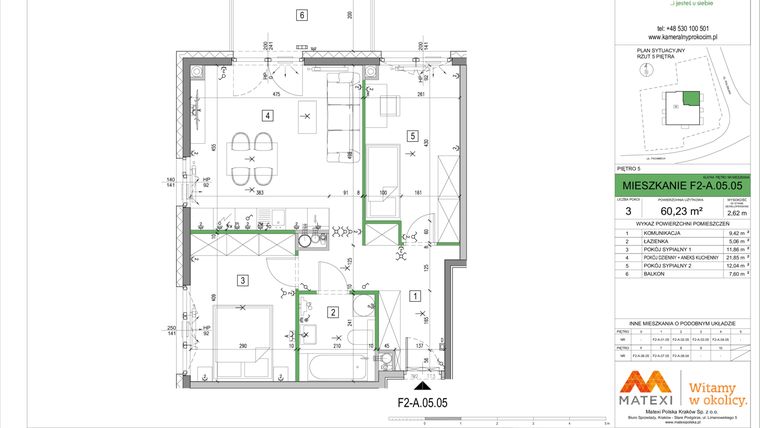 Rzut - Mieszkanie na sprzedaż 3 pokoje o powierzchni 60,23 m² - numer F2-A.05.05 w Kameralny Prokocim 2