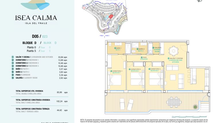 Rzut - Mieszkanie na sprzedaż 3 pokoje o powierzchni 102 m² - numer CAV-MS-5125 w Isea Calma - Aguilas