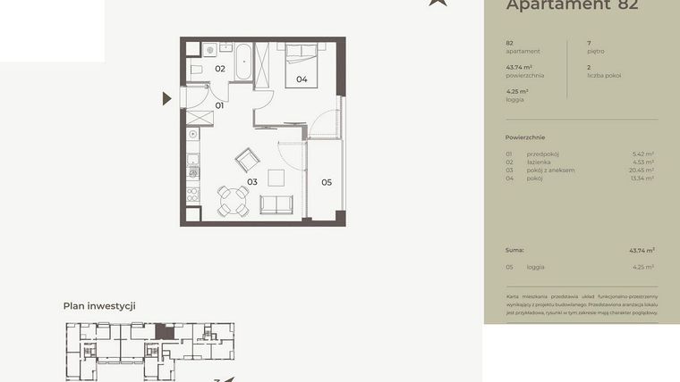 Rzut - Mieszkanie na sprzedaż 2 pokoje o powierzchni 43,74 m² - numer 82 w Monument