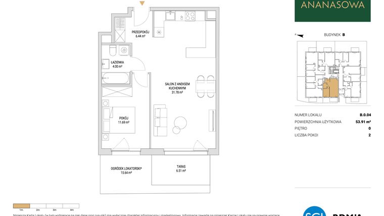 Rzut - Mieszkanie na sprzedaż 2 pokoje o powierzchni 53,91 m² - numer B.0.04 w Ananasowa