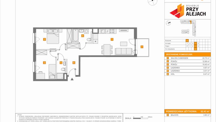 Rzut - Mieszkanie na sprzedaż 3 pokoje o powierzchni 62,43 m² - numer B80 w Osiedle Przy Alejach etap 2