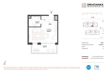 Rzut - Mieszkanie na sprzedaż 1 pokój o powierzchni 31,22 m² - numer B.4.3 w Drucianka Wschodnia