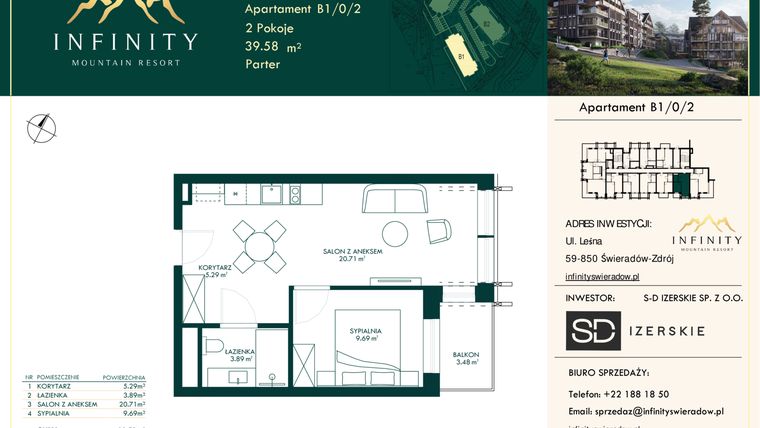 Rzut - Mieszkanie na sprzedaż 2 pokoje o powierzchni 39,58 m² - numer B1/0/2 w Infinity Mountain Resort etap 2