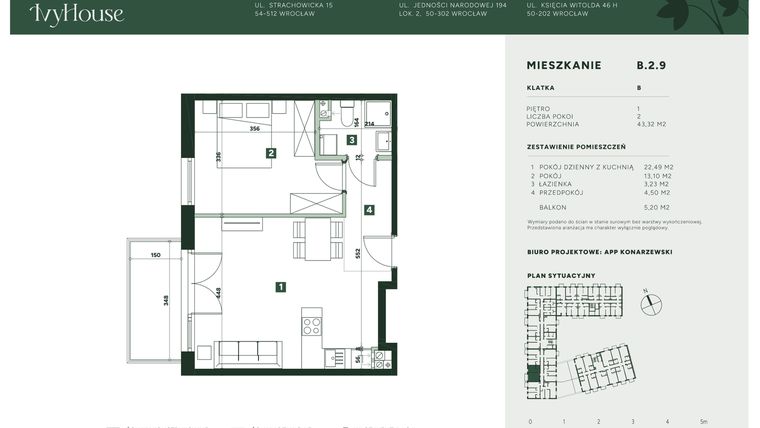 Rzut - Mieszkanie na sprzedaż 2 pokoje o powierzchni 43,32 m² - numer B.2.9 w IVY HOUSE