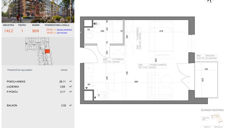 Rzut - Mieszkanie na sprzedaż 1 pokój o powierzchni 34,97 m² - numer I-B9 w Industria etap I-B
