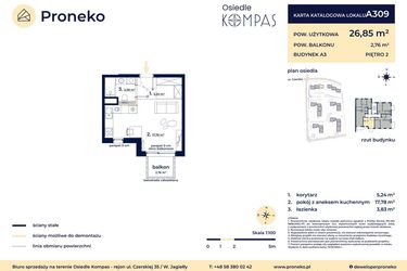 Rzut - Mieszkanie na sprzedaż 1 pokój o powierzchni 26,85 m² - numer A309 w Osiedle Kompas