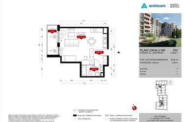 Rzut - Mieszkanie na sprzedaż 1 pokój o powierzchni 40,97 m² - numer K.252 w Wieża Jeżyce etap V