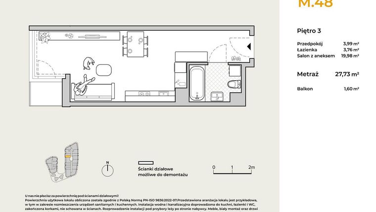 Rzut - Mieszkanie na sprzedaż 1 pokój o powierzchni 27,73 m² - numer M48 w Baja Piaśniki