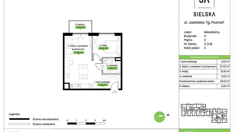 Rzut - Mieszkanie na sprzedaż 2 pokoje o powierzchni 46,12 m² - numer C.3.18 w JA_SIELSKA V