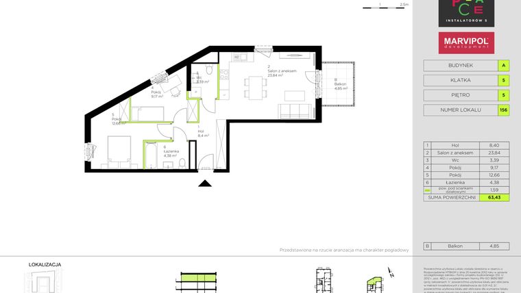 Rzut - Mieszkanie na sprzedaż 3 pokoje o powierzchni 63,43 m² - numer A156 w In Place 1