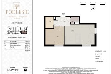Rzut - Mieszkanie na sprzedaż 2 pokoje o powierzchni 48,58 m² - numer 2B.22 w Podlesie