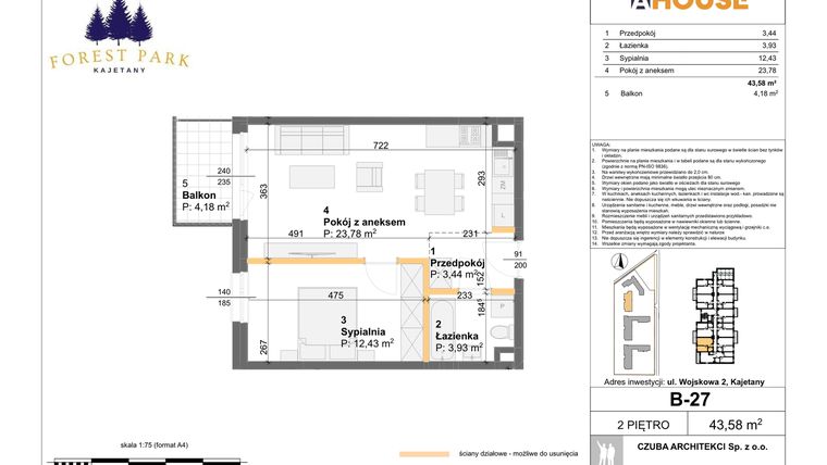 Rzut - Mieszkanie na sprzedaż 2 pokoje o powierzchni 43,58 m² - numer B.27 w Forest Park Kajetany