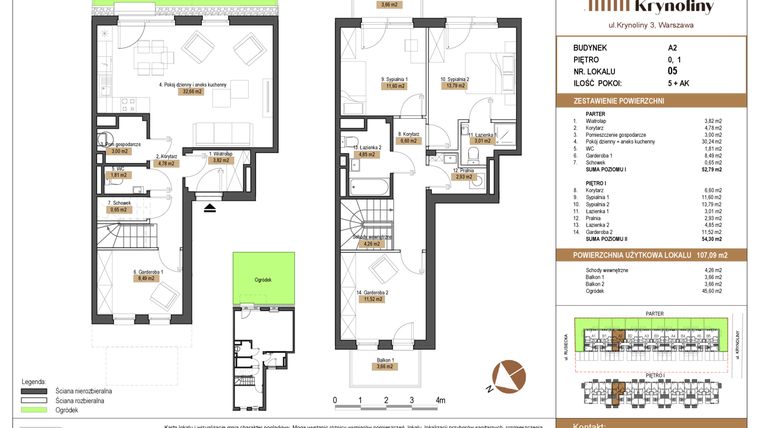 Rzut - Mieszkanie na sprzedaż 5 pokoi o powierzchni 107,09 m² - numer 05.A2 w Apartamenty Krynoliny
