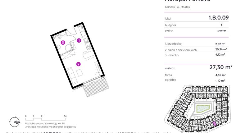 Rzut - Mieszkanie na sprzedaż 1 pokój o powierzchni 27,3 m² - numer 1.B.0.09 w Murapol Portovo etap II