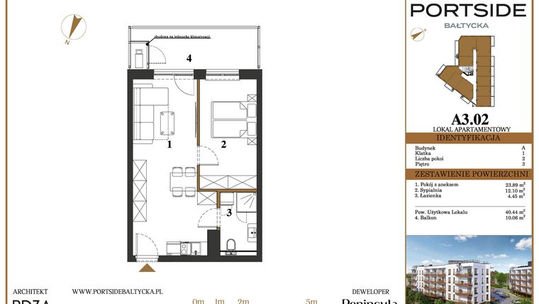 Rzut - Mieszkanie na sprzedaż 2 pokoje o powierzchni 40,44 m² - numer A3.02 w Portside Bałtycka