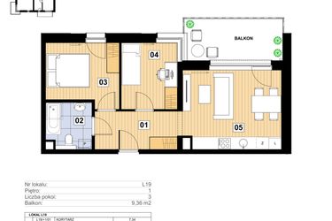 Rzut - Mieszkanie na sprzedaż 3 pokoje o powierzchni 47,36 m² - numer L-19 w Mickiewicza 21 Residence