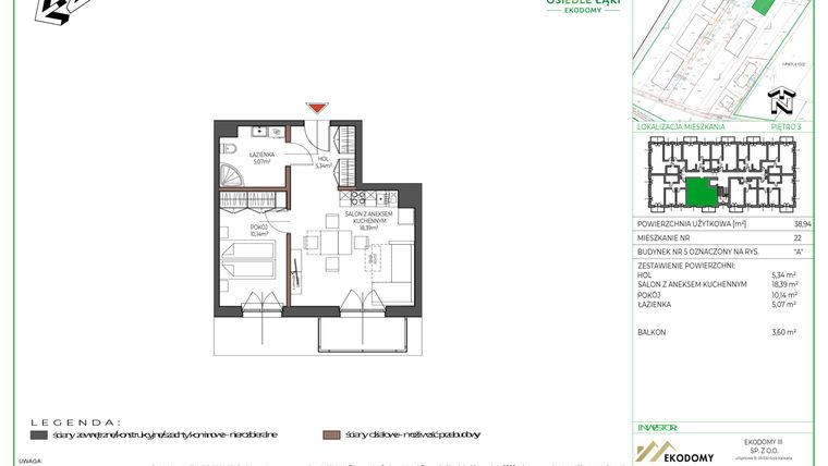 Rzut - Mieszkanie na sprzedaż 2 pokoje o powierzchni 38,93 m² - numer 22 w Osiedle Polna bud. 5