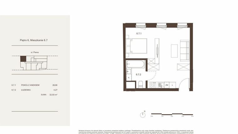 Rzut - Mieszkanie na sprzedaż 1 pokój o powierzchni 32,93 m² - numer 6.7 w Piwna 21