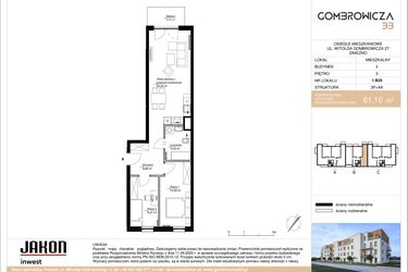 Rzut - Mieszkanie na sprzedaż 3 pokoje o powierzchni 61,1 m² - numer 1.B25 w Gombrowicza 33