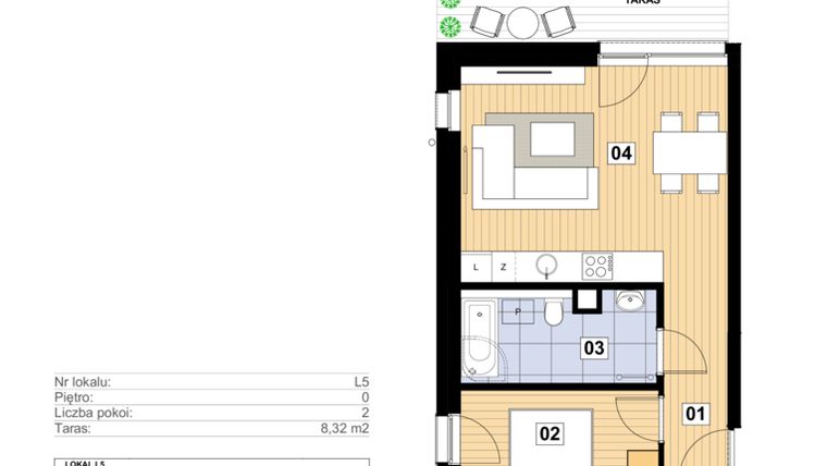 Rzut - Mieszkanie na sprzedaż 2 pokoje o powierzchni 41,52 m² - numer L-5 w Mickiewicza 21 Residence