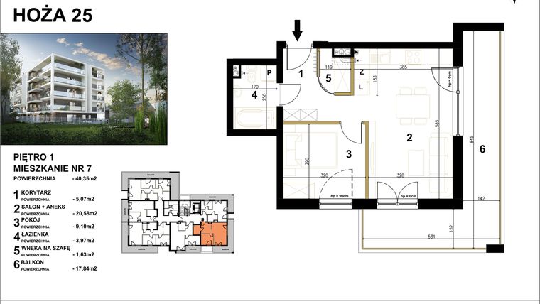 Rzut - Mieszkanie na sprzedaż 2 pokoje o powierzchni 40,35 m² - numer 7 w Hoża 25