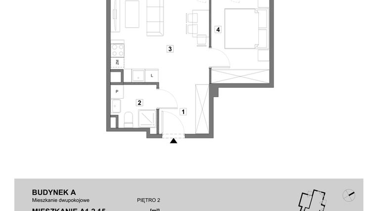 Rzut - Mieszkanie na sprzedaż 2 pokoje o powierzchni 42,98 m² - numer A1.2.15 w ATAL Grabiszyn