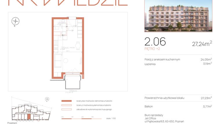 Rzut - Mieszkanie na sprzedaż 1 pokój o powierzchni 27,23 m² - numer 2.06 w Na Wildzie